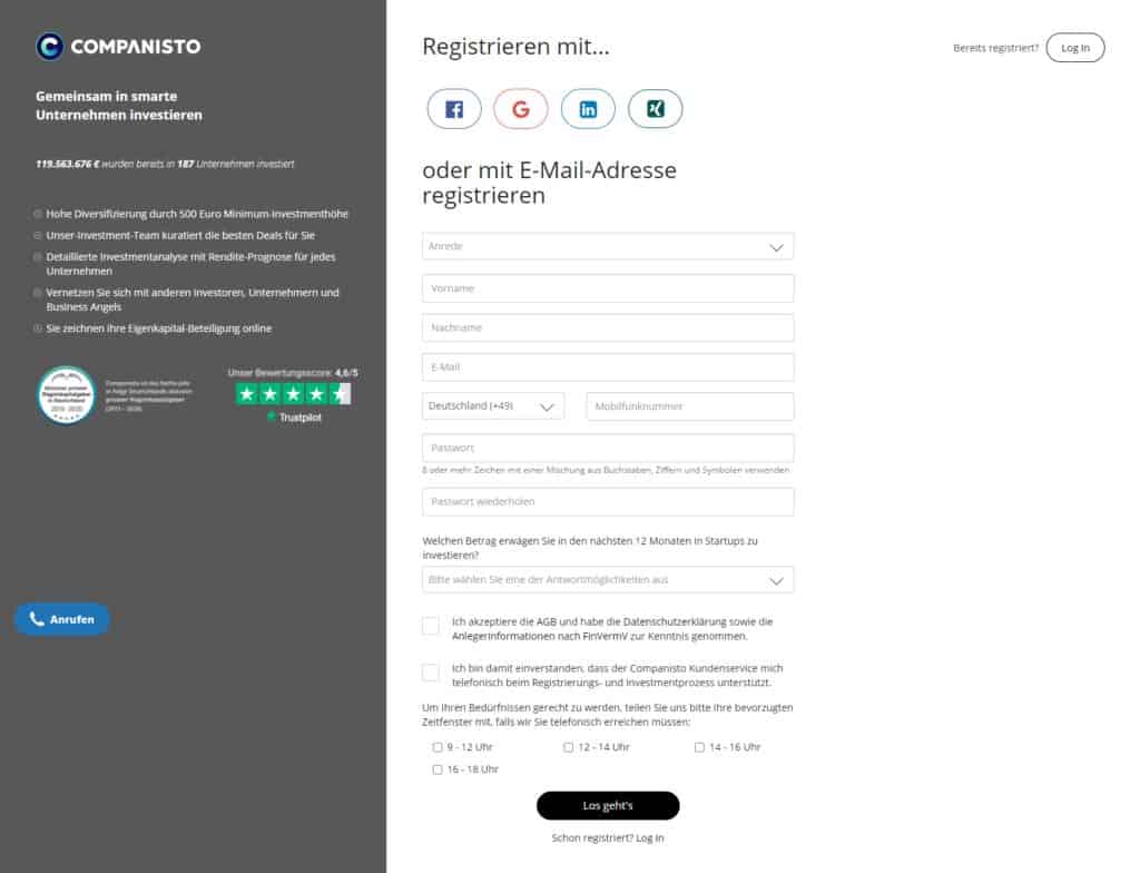 Companisto - Registrierung