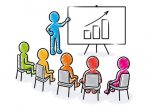 Business presentation: Speaker points to a flipchart with rising chart icon in front of sitting spectators / Hatched vector drawing